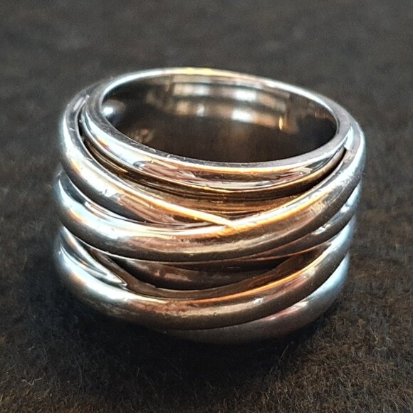 Chunky Vintage Sterling Silver Multi-Banded Interlocking Modernist Ring - Picture 5 of 15